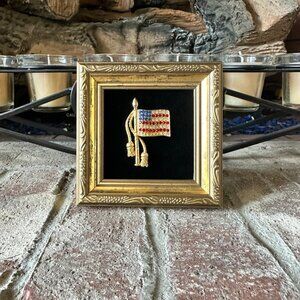 Red, White, and Blue Rhinestones American Flag Framed Brooch Jewelry Art Mini